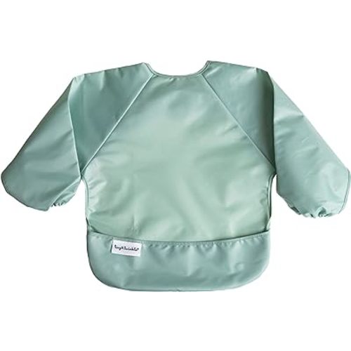 Tiny Twinkle Mess Proof Baby Bib, Cute Full Sleeve Bib Outfit, Waterproof Bibs for Toddlers, Machine Washable,Tug Proof Closure, Baby Smock for Eating, Long Sleeved(Sage Green, Small 6-24 Months)