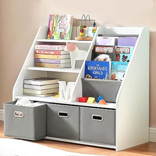 Kids Bookshelf, Kids Toy Storage Organizer with Storage Bins, Wooden Bookshelf and Book Display Shelf for Bedroom, Playroom, Nursery, Classroom, White
