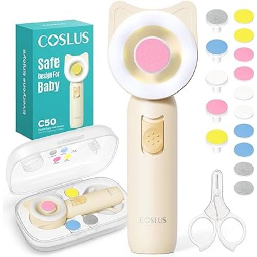 COSLUS Baby Nail File, Baby Nail Trimmer Electric, Baby Nail Clipper - Gentle, Quiet with 360° Light, Safe for Sleep Time Grinding, 16-in-1 Kit for Newborn, Infant & Toddler (C50, Lemon Yellow)