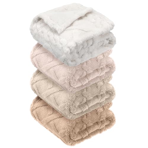 VitalCozy 4 Pcs Fleece 30" x 40" 3D Fluffy Baby Blanket for Boys Nursery Little Girl Infant or Newborn Receiving Swaddling Blankets(Khaki Set)