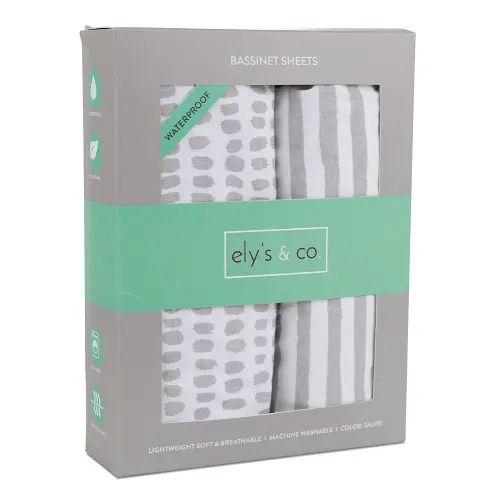 Ely's & Co. Patent Pending Waterproof Bassinet Sheet, No Need for Bassinet Mattress Pad Cover, 2 Pack Neutral Taupe Grey Splash & Stripes,for Baby Girl and Boy