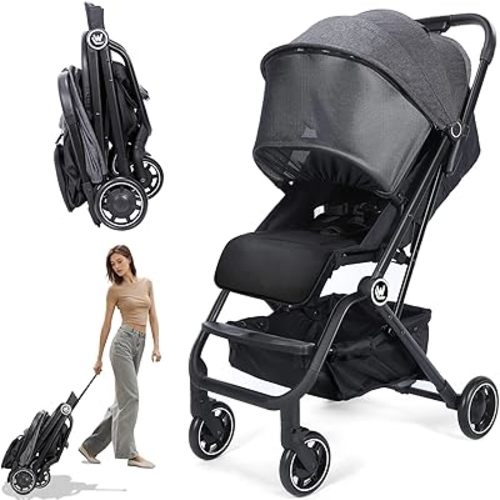 Lightweight Baby Stroller, Compact Travel Stroller with Sleep Shade, Oversize Basket, One Hand Easy Foldable Pram for Airplane Travel and More