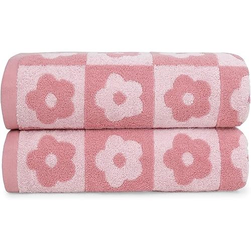 2-Pieces Luxury Bath Towels Checkered Floral, Pink Towels for Women Girls Shower Body 27.5x55 Inches, Cute Decor for Bathroom & Pool Days, Cotton