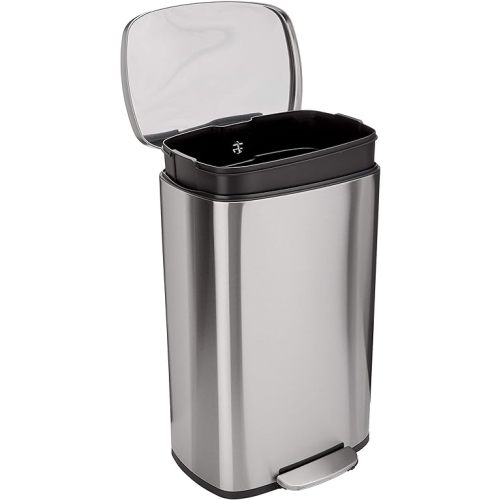 Amazon Basics Smudge Resistant Rectangular Trash Can With Soft-Close Foot Pedal, Brushed Stainless Steel, 50 liter/13.2 gallon, Satin Nickel Finish, 16.7"L x 14.7"W x 25.9"H