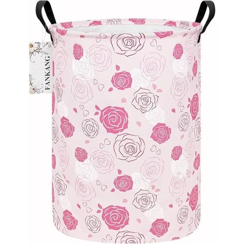 FANKANG Storage Basket, Nursery Hamper Canvas Laundry Basket Foldable with Waterproof PE Coating Large Storage Baskets for Kids Boys and Girls, Office, Bedroom, Clothes,Toys(Pink roses)