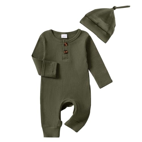 Infant Boys Girls Clothes Set Newborn Baby Romper Hat Ribbed Knit Long Sleeve Button Solid Bodysuit Jumpsuit