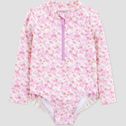 Carter's Just One You® Toddler Girls' Long Sleeve Ruffle Ditsy Floral Rash Guard One Piece Swimsuit - Pink