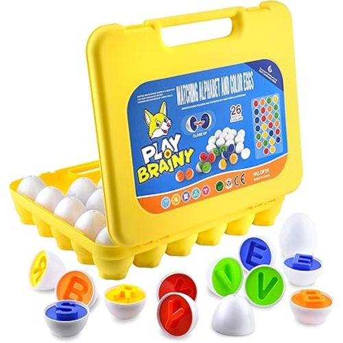 Play Brainy Montessori Alphabet Matching Eggs, 26 Pc. ABC Letter Set, Educational Early Learning Toys and Shape Recognition Sorter Puzzle for Toddlers and Preschool Students, Easter Gift