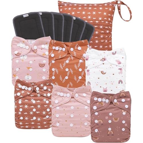 babygoal Reusable Charcoal Cloth Diapers with Double Gussets, 6 Pack Washable Baby Pocket Diapers with 6pcs Charcoal Inserts and Wet Dry Bag(Boho)