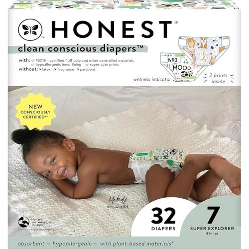 The Honest Company Clean Conscious Diapers for Sensitive Skin | Hypoallergenic, Fragrance Free | Gender Neutral Prints | Club Box, Size 7 (41+ lbs), 32 Count