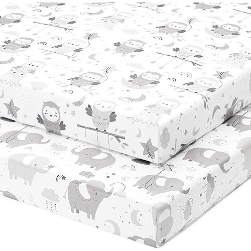 Baby Fitted Crib Mattress Sheets Set for Boys and Girls – Snuggly Soft 100% Jersey Cotton Toddler Bed Sheets – Grey White Elephant, Star, Cloud, Moon, Owl – 2 Pack