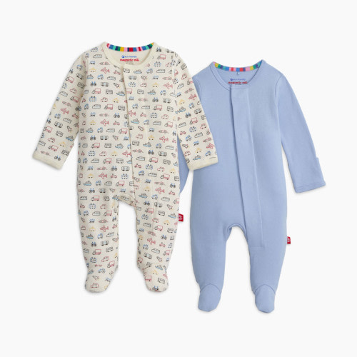 Magnetic Me Organic Cotton Magnetic Footie 2 Pack Bundle - Blue/ Cars, 0-3 M