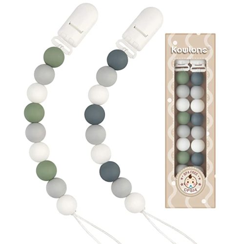 Pacifier Clip Boys Girls Paci Holder Silicone Teething Beads Teether Toys Binky Soothie Clip for Baby 2 Pack (Green, Gray)