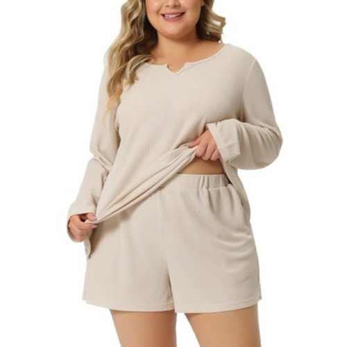 Agnes Orinda Women's Plus Size Waffle Solid Color Long Sleeve Comfortable 2 Pieces Pajama Sets Beige 3X