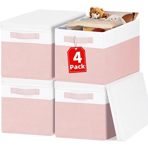 Large Closet Organizer Bins with Lids 4 Pack - 23 QT Collapsible Decorative Storage Boxes with Lids - Clothes Storage Bins with Handles - Fabric Containers for Living Room, Dorm, Nursery - Pink