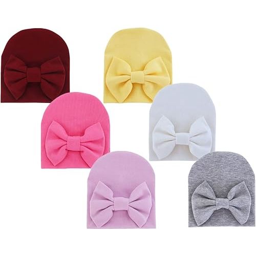 QandSweet Newborn Girls' Hats & Caps Infant Big Bow Cotton Hat 0-6 Months 6-Pack