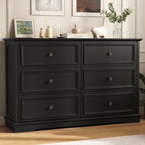 SEEDAY Black Dresser,6 Drawer Dresser for bedroom,Retro Wood Storage Cabinet for Living Room