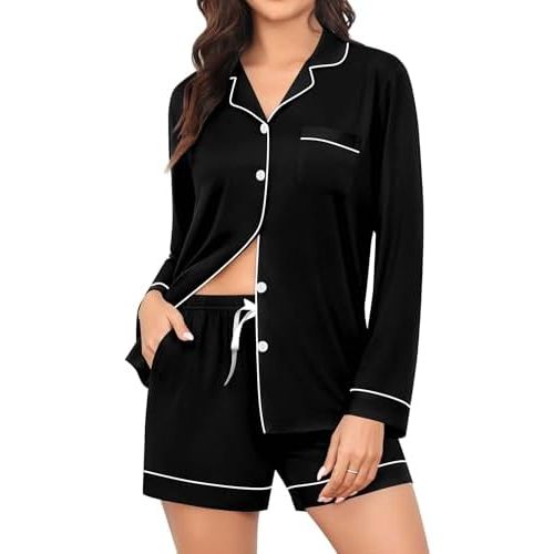 SWOMOG Womens Pajama Sets Long Sleeve and Shorts Pajamas Button Down Pjs 2 PCS Sleepwear Lounge Set with Pockets