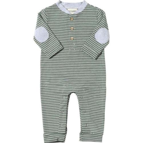 Contrast Elbow Patch Romper, Green & White Stripe - 3-6 mos