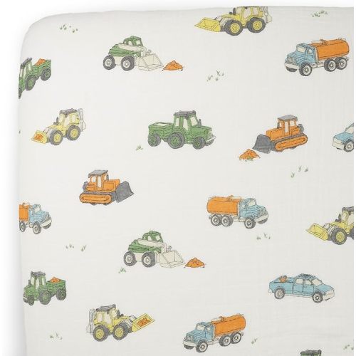 Little Unicorn Premium Crib Sheet | Breathable & Super-Soft Muslin Fabric (Work Trucks)