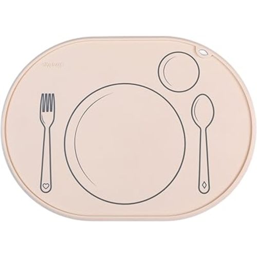 CHAMOS Silicone placemats for Toddlers - Montessori placemat for Round Table - Oval Kids placemats for Dining Table - Non Slip, Small, Educational placemats (Beige)