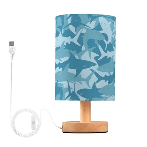 YYZZH Table Lamp Blue Shark Pattern Marine Animal Nightstand Lamp with Wood Base Fabric Lamp Shade Bedside Desk Lamp for Living Room Bedroom Kids Room Office