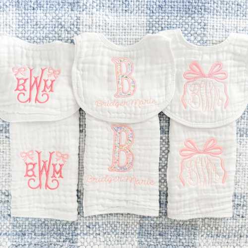 Embroidered Muslin Burp Cloths & Bibs (Set of 3 of each)