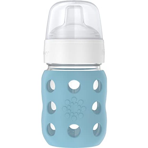 Lifefactory 8-Ounce Wide Neck Glass Baby Bottle with Protective Silicone Sleeve and Sippy Spout, Denim (LG2251WDE4)