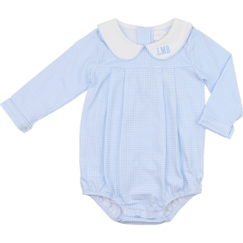 Blue Gingham Knit Long Sleeve Bubble - Cecil and Lou