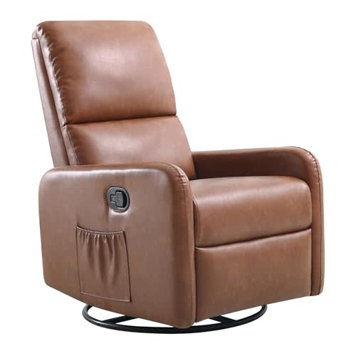 Jocisland Swivel Glider Rocking Recliner, Nursery Chair for Adults with 2 Massage Points, Rocker Reclining Single Sofa Armchair for Living Room Bedroom Nursing, Mix-Brown Leather