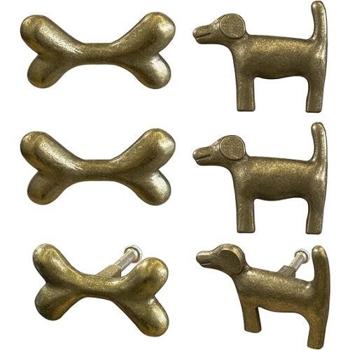 Adorable Golden Retriever + Dog Bone Cabinet Knobs, 6Pcs Bronze Dog Drawer Pull, Fun Pet Handles for Puppy-Themed Dresser Closet Cupboard Wardrobe Bathroom Kitchen(Zinc Alloy)