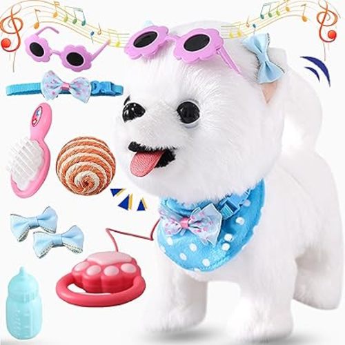 Samoyed Walking Barking Toy Dog Puppy Toy for Girl Licking Doggy with Leash, Electric Talking Singing Tail Wag Plush DIY Pretend Dress Up Interactive Dog Toddler Kid