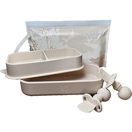 KATORI KIDS Suction Plate for Baby To Go | 5pc Travel Silicone Baby Plate Feeding Set with Travel Bag | Toddler Plate | Baby Travel Essential | Baby Bowl | Platos para Bebes (Light Beige)