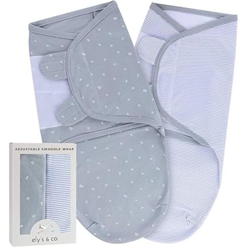 Ely's & Co. Adjustable Swaddles for Newborn, Baby Swaddles 0-3 Months, Velcro Swaddle Sack for Baby Boy, 100% Cotton, 2 Pack (Blue Leaf)