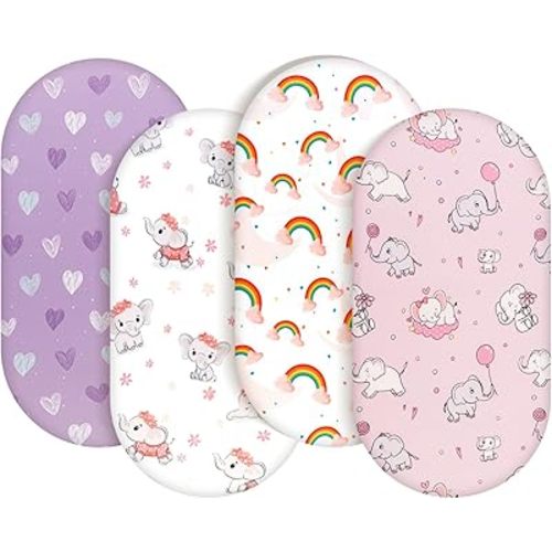 4 Pack Baby Girl Bassinet Sheets Set Soft Fitted Floral or Elephant Theme Baby Girl Mattress Covers Breathable Toddler Bed Sheets for Infant or Newborn Girls (Elephant, Bassinet Sheets)