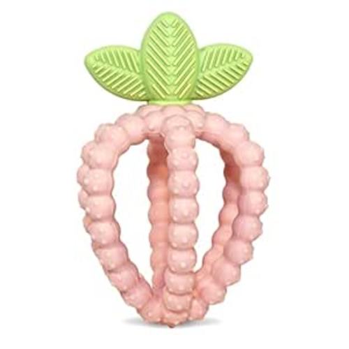 RaZbaby Bites Silicone Baby Teething Toy – Sensory Toy with Textured BerryBumps for Teething Relief, Easy-to-Hold Fruit Shape, BPA-Free, Soothes Front & Back Teeth – Gift for Babies, 3 Months+, Pink