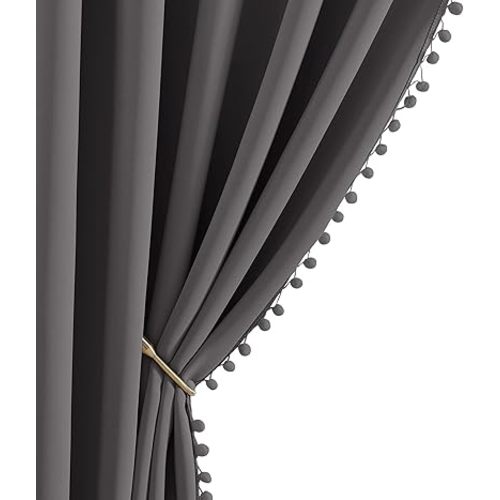 NICETOWN 2 Panels Blackout Curtains, Rod Pocket Pompoms Curtains 84 inches Length for Classroom, Thermal Insulated Cute Window Drapes for Boys Nursery Room, Kitchen, 42 Inch, Dark Grey