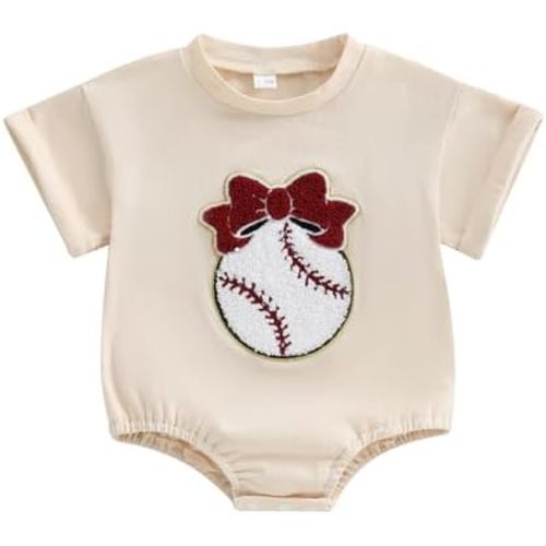 Newborn Baby Girl Baseball Outfit Baseball Bow Embroidery Short Sleeve Bubble Romper Oversized T-Shirt Bodysuit