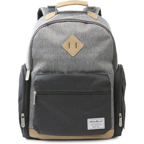 Eddie Bauer Places & Spaces Bridgeport Diaper Bag Backpack, Cooler Bottle Pockets and Changing Pad Included, Light Grey and Tan