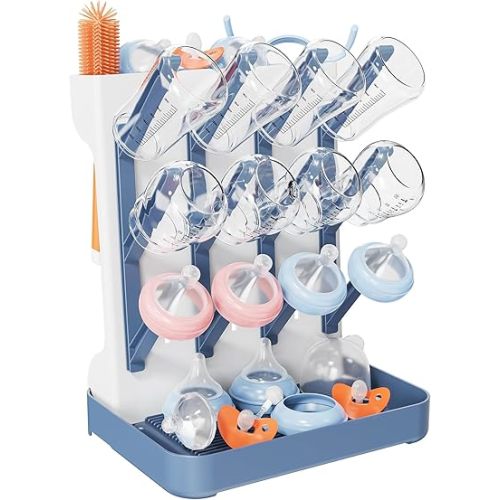 Baby Bottle Drying Rack, Vertical Bottle Dryer Holder Space Saving Standing Bottle Drying Rack for Countertop Kitchen Organize Bottles & Baby Accessories Brushes Pacifiers and Pump Part (Blue)