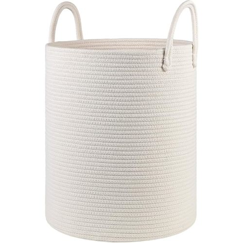 Cotton Rope Laundry Basket Hamper for Girls Kids Baby Nursery Hamper Bin Woven Storage Basket for Living Room cute laundry basket Tall Laundry Basket for Blanket Toy storage bin&box(White)