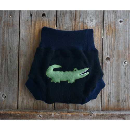 Upcycled Cashmere Soaker Cover Diaper Cover With Added Doubler Black/ Navy Blue Color With Crocodile Applique LARGE 12-24 Months