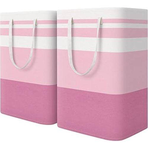 HomeHacks 2 Pack Large Laundry Baskets, Waterproof, Freestanding Laundry Hampers, Collapsible Clothes Hamper with Reinforced Handles in Laundry, College Dorm, Bathroom, Bedroom (Pink, 75Lx2)