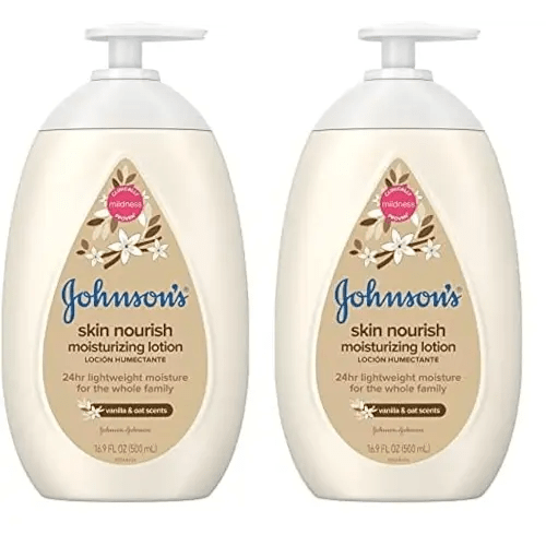Johnson's Baby Skin Nourish Moisturizing Baby Lotion for Dry Skin with Vanilla & Oat Scents, Gentle & Lightweight Body Lotion for The Whole Family, Hypoallergenic, Dye-Free, 16.9 fl. oz (Pack of 2)