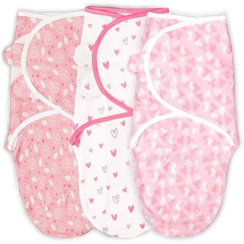 100% Organic Cotton Swaddle Blanket Baby Girl Infant Sleep Sack Wrap, Adjustable Infant Swaddle Wrap Newborn Babies Small 0-3 Months. (Hearts and Flowers 3 Pk)