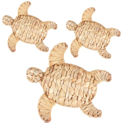 Threehoney 3 Pcs Sea Turtle Beach Theme Decor 2 Size Handmade Wicker Sea Turtle Wall Decor Hanging Coastal Nautical Sculpture for Boho Bathroom Indoor Outdoor Table Wall Art Ornament