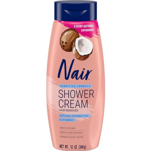 Nair Sensitive Shower Cream Hair Remover with Natural Coconut Oil and Vitamin E, Body Hair Removal Cream for Women, 12 oz