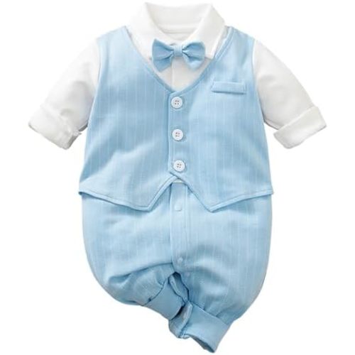 HUAANIUE Newborn Baby Boys Gentleman Romper One Piece Long Sleeve Bowtie Outfit Formal Wear Tuxedo Suit