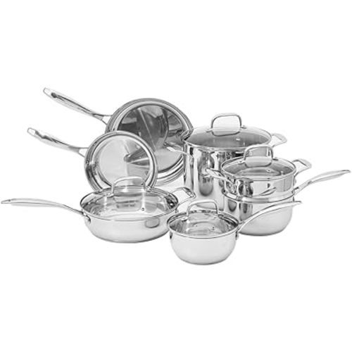 Amazon Basics Stainless Steel Cookware 11-Piece Set, Oven Safe, Pots and Pans, Induction-Ready, Even Heating, Easy to Clean, Heavy Duty, Silver