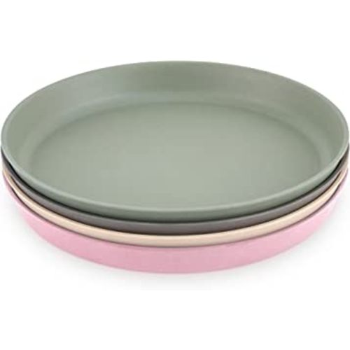 WeeSprout Bamboo Plates, Set of 4, Kid-Sized Bamboo Kids Plates, Dishwasher Safe Bamboo Plates for Kids (Pink, Green, Gray, & Beige)